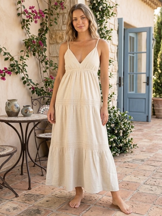 Sim & Sam Dresses & Skirts - Boho Cream V-Neck Maxi Dress with Spaghetti Straps